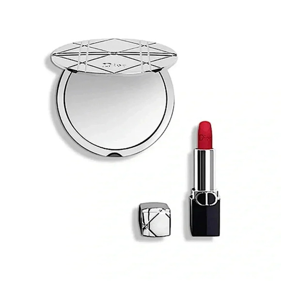 Dior Other - DIOR Silver Cannage Metal Double Sided Mirror and Lipstick Set